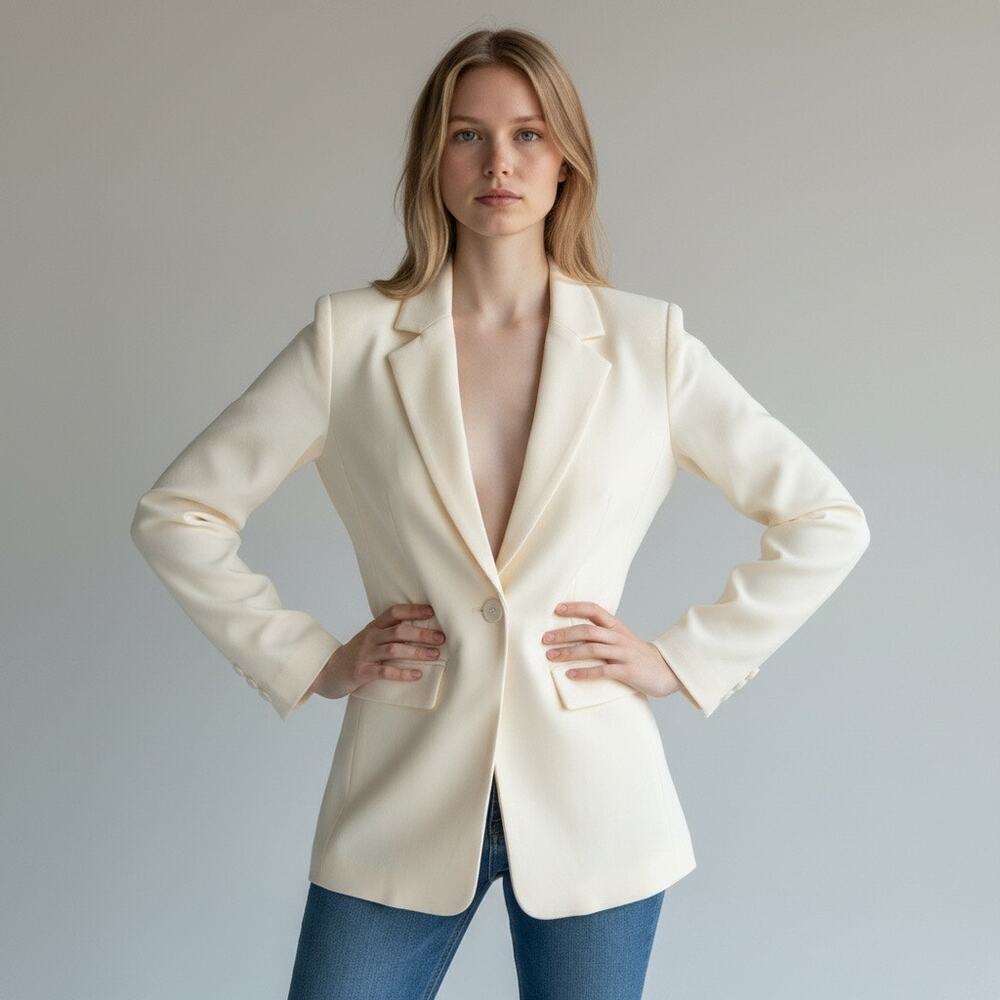 Boston Proper Ivory Longline Blazer Jacket Stretch Tailored Womens 10 -